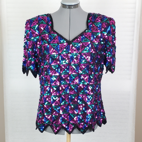 LAST CHANCE Vtg Laurence Kazar | L | 100% silk sequin v-neck - Picture 10 of 10